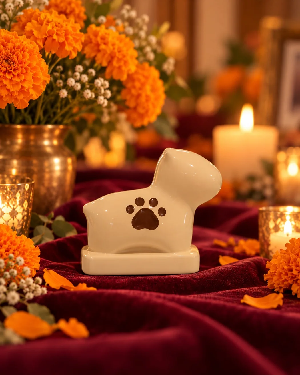 Urna Perrito con cempasúchil y tela color vino
