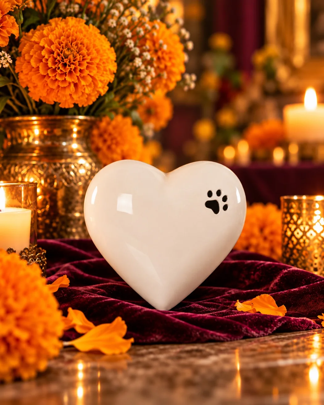 Urna Corazón huella con cempasúchil y tela color vino